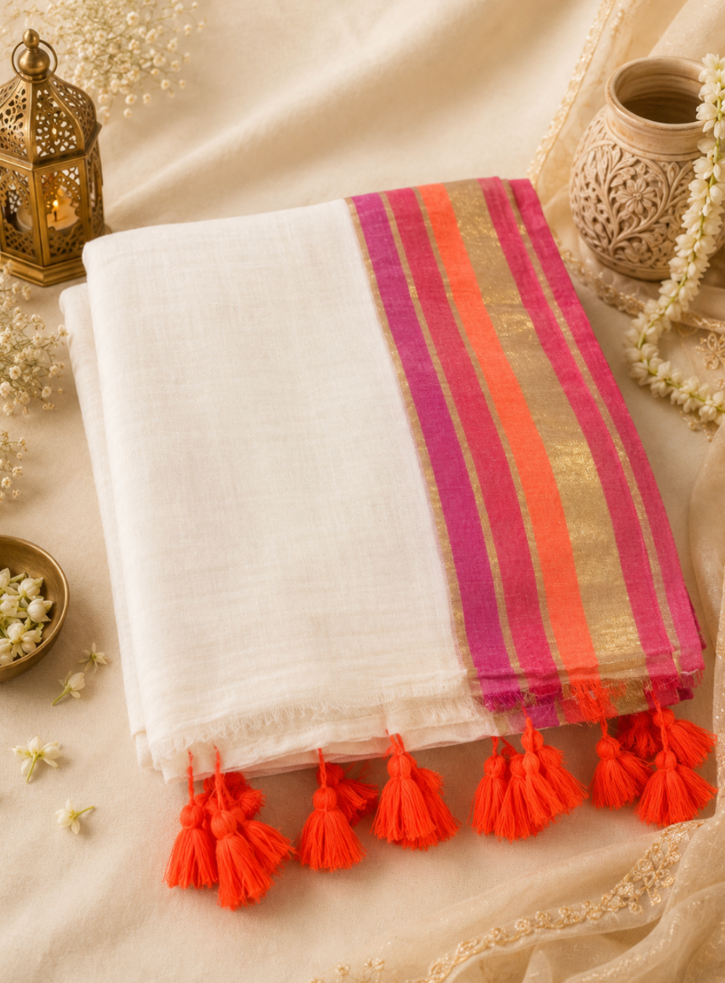 Mulcotton Saree - Pink & Orange